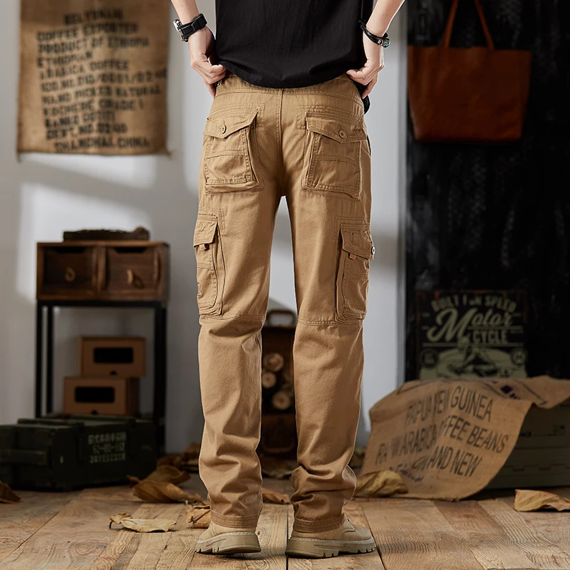 KSTUN Spring Autumn Khaki Cargo Pants For Men Loose Straight Outdoor Workwear Trousers Male Hiking Camping Pants Multi-pocket