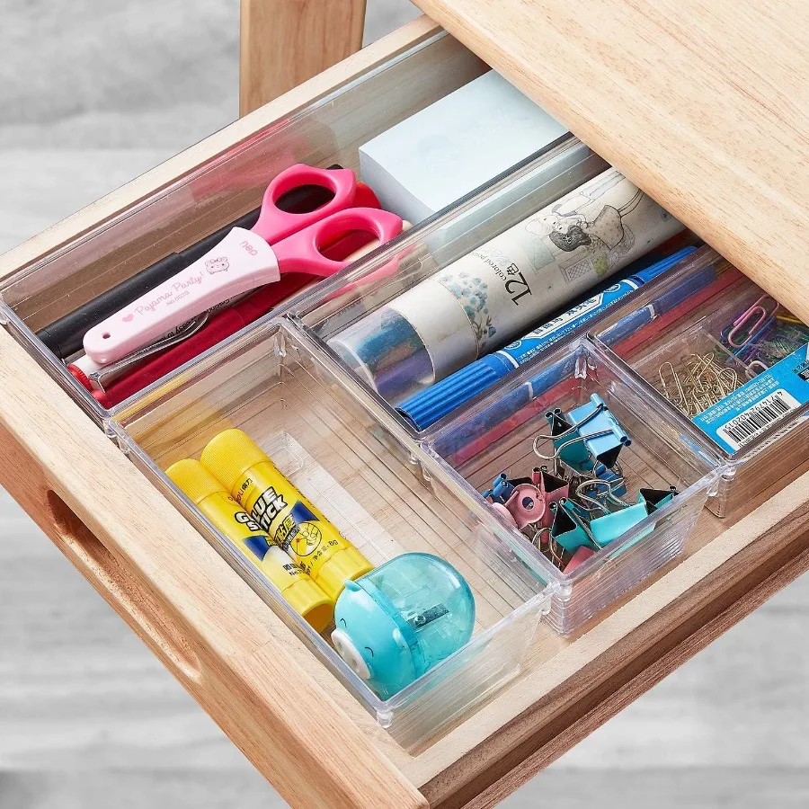 14 PCS Clear Plastic Drawer Organizer Tray for Makeup Kitchen Utensils Jewelries and Gadgets