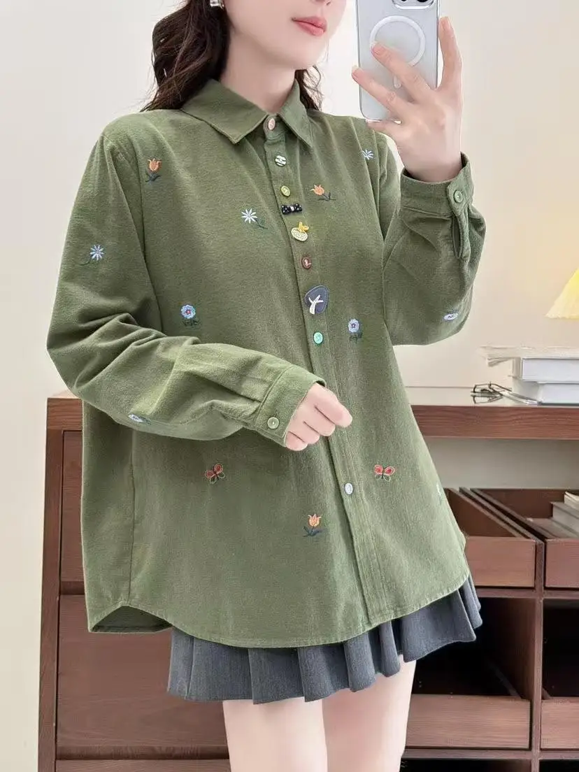 Mori girl Japan style winter vintage green apricot brushed shirt women thicken warm cartoon flower embroidery long sleeve blouse