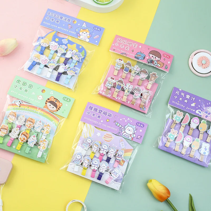 10pcs Color Small Wood Clip Cute Photo Clip Cartoon Decoration Clip Message Business Card Shape Log Clip  Desk Organizers