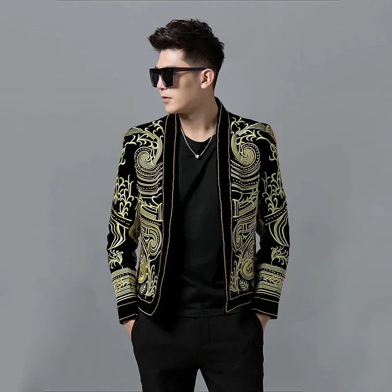 Men Velvet Beaded Golden Dragon Embroidered Suit Chinese Style Heavy Handmade Celebrity Stylist Jacket Black Plus Size