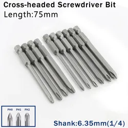 10Pcs Cross Screwdriver Bit 1/4'' Hex Shank Phillips Head Wind Drill 75mm Wrench Magnetic Socket Tool PH1 PH2 4.0 4.5 5.0 6.0