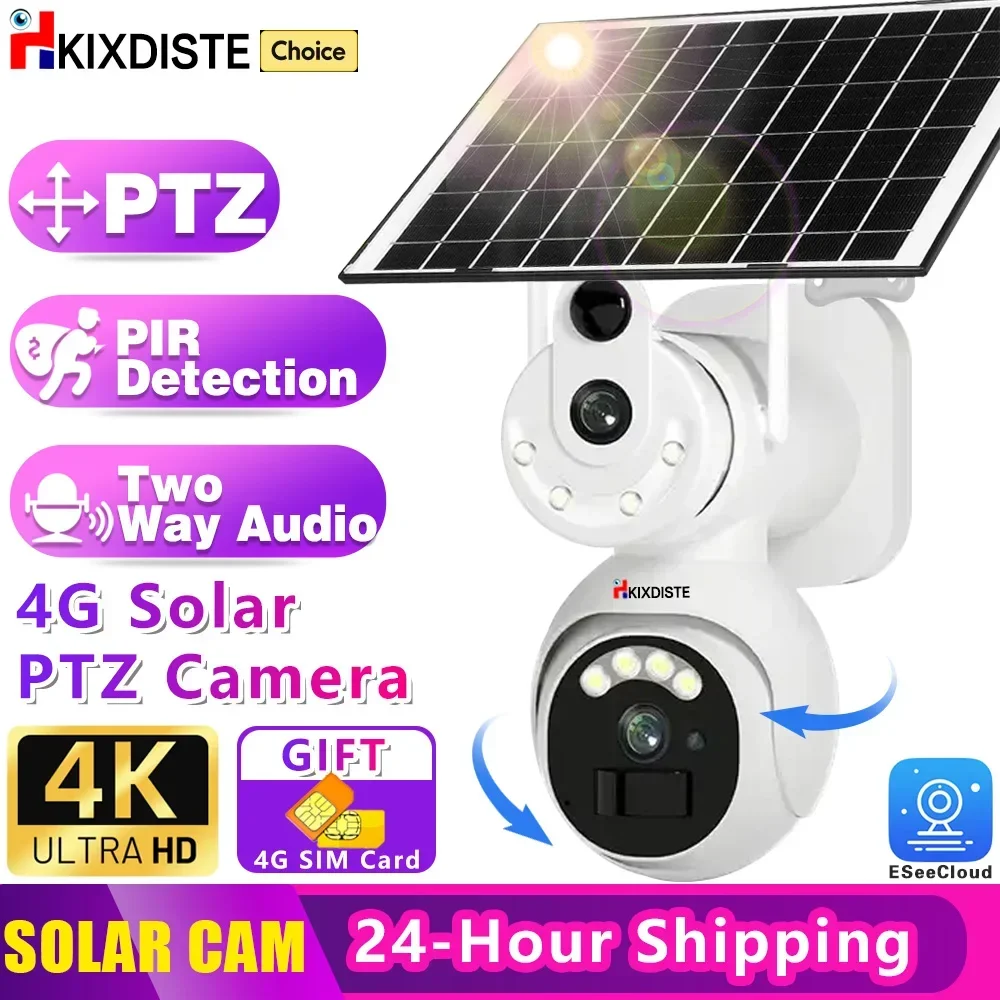 

ESeeCloud Dual Lens 4G Sim Camera Solar Panel Outdoor Low Powered Color NightVision PIR Alarm Two Way Audio Solar CCTV IP Camera