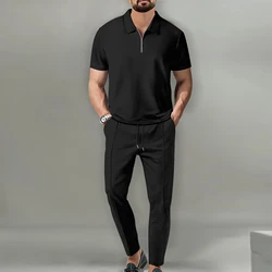 Men's casual Business Waffle fabric short sleeve zipper polo top and drawstring waffle pants suit