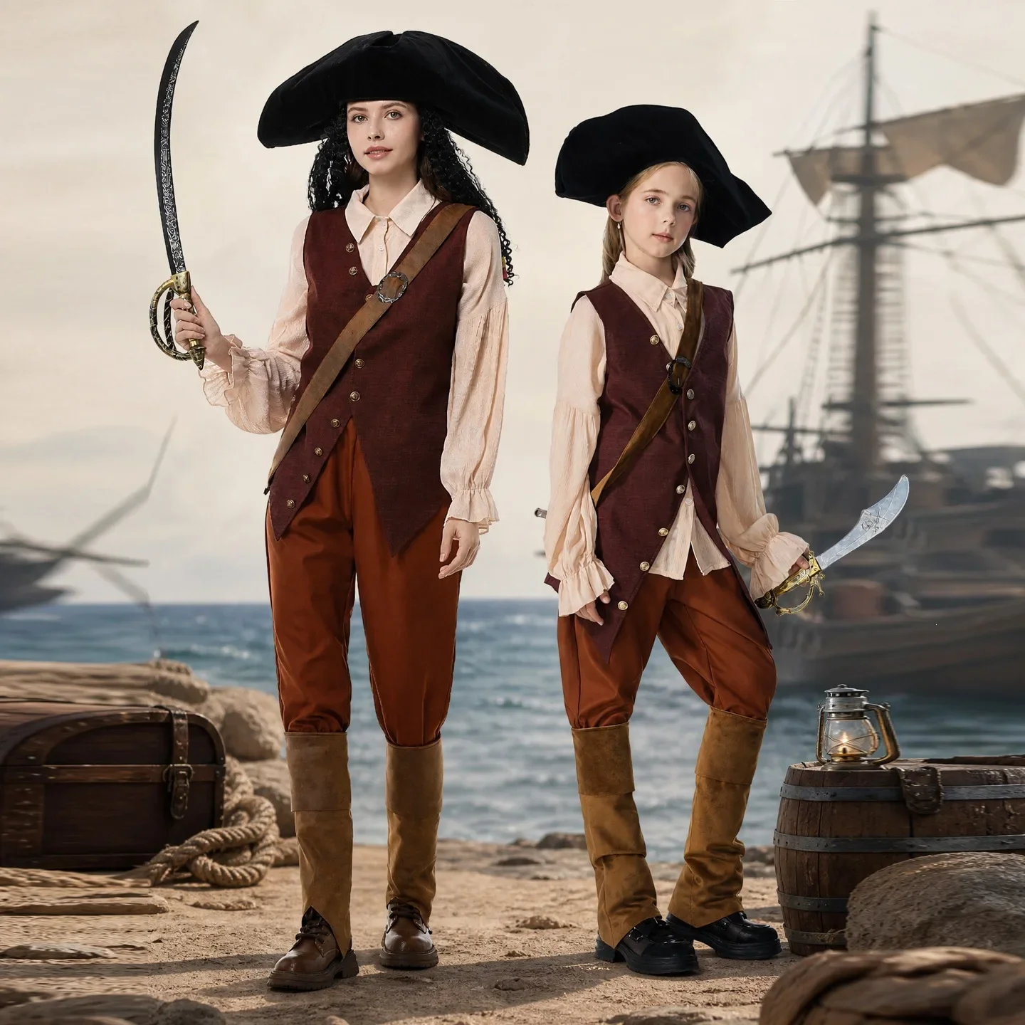 Family Matching Pirate Costume Adult Kids Vest Pants Hat Sword Halloween Cosplay Carnival Treasure Hunt Group Photo Outfit PS66