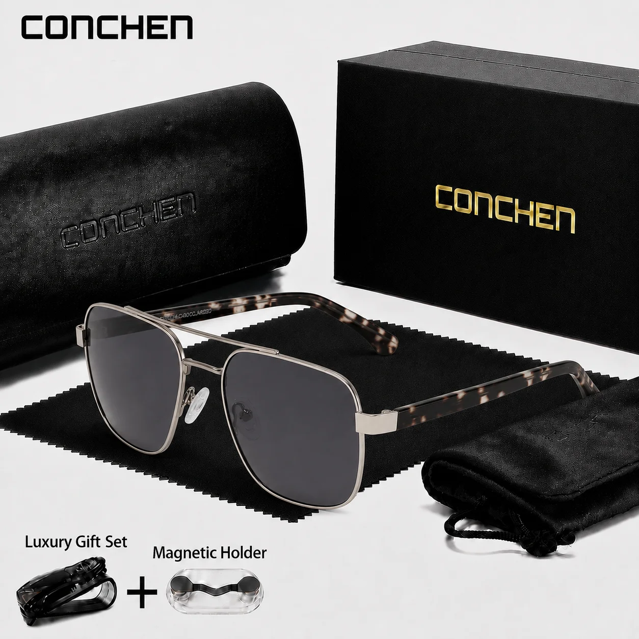 Polarized Business Sunglasses for Men Women Metal Square Frame UV400 Office Work Daily Wear Driving Travel