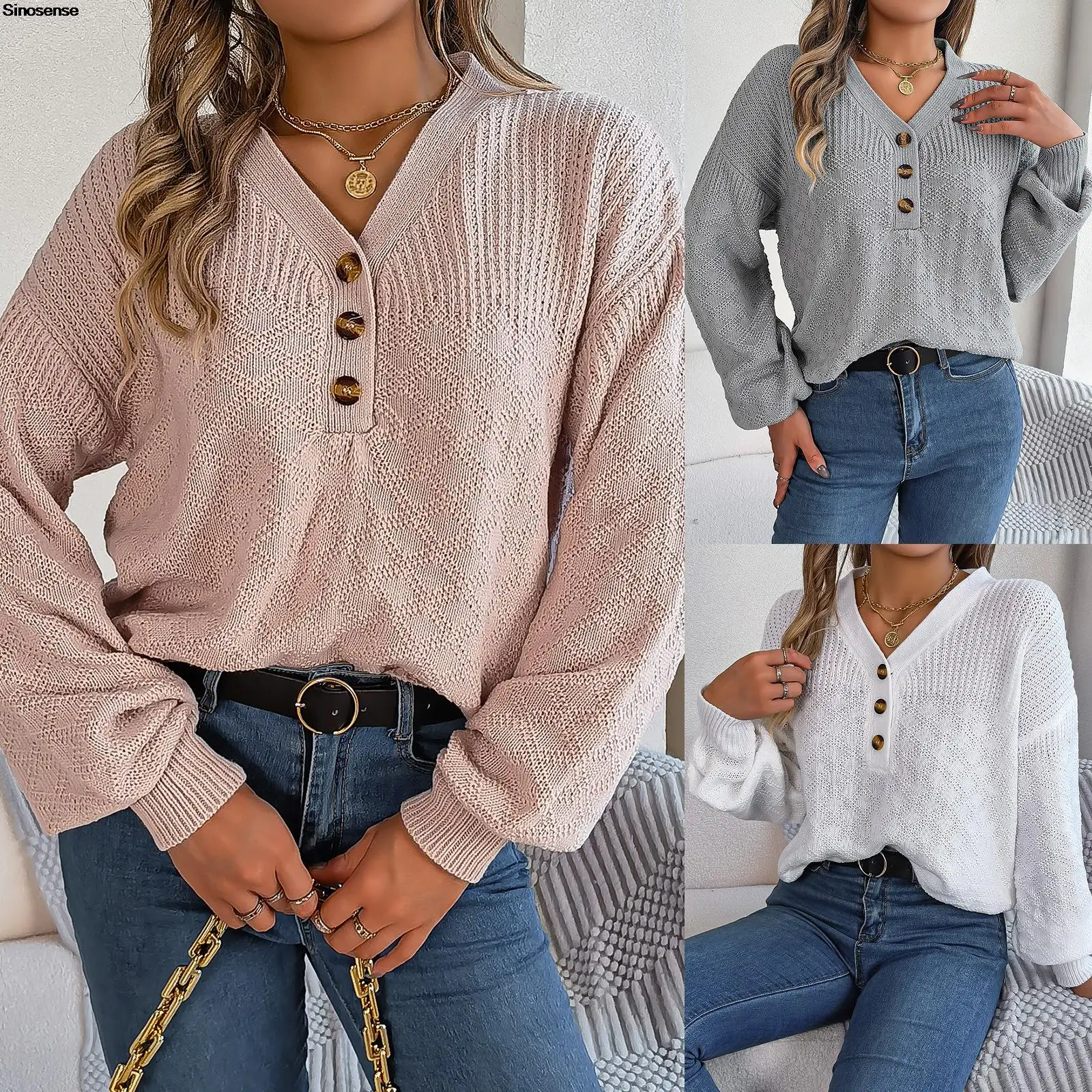 

Women Long Sleeve V Neck Button Down Sweater Solid Color Ribbed Knit Sweaters Casual Loose Fit Pullover Knitted Jumper Tops