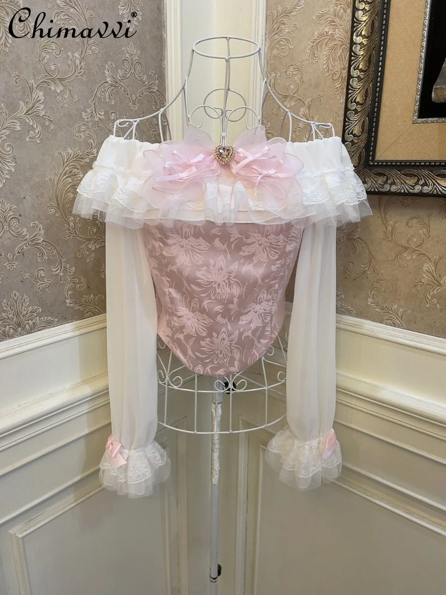 

Ballet Style Princess Bow Heart Rhinestone Lace Edge Strapless Ruffled Slim Shirt Off-Shoulder Flare Sleeve Blouse Girls Top