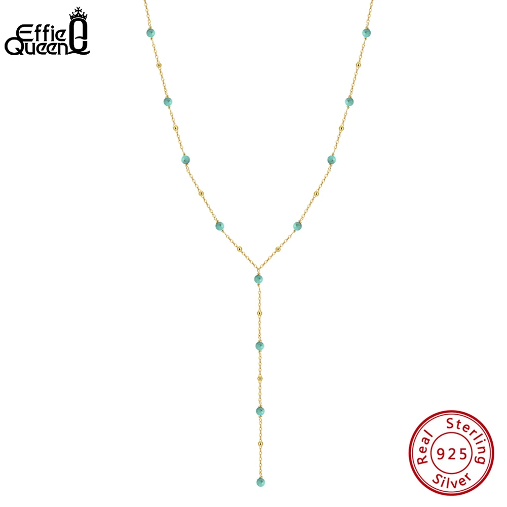 

EFFIE QUEEN Classic Natural Turquoise Stone Y Necklace Collar Party 925 Pure Silver Y-Shape Chain Necklace Minimalist Gift BQN34