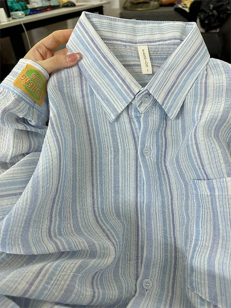 

Retro Striped Long Sve Women's irt Autumn Winter Thin Design Loose Sun Protection Blue irt Coat Casual Commute Sle