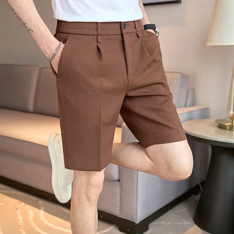 Mens Summer New Waffle Texture Casual Shorts Pure Color Slim Fit Thin Lightweight Straight Fit Mid Length 5 Inch Shorts