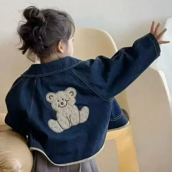 

Autumn 2025 New Children's Denim Jacket Vintage Cartoon Embroidered Bear Lapel Loose Jacket Top