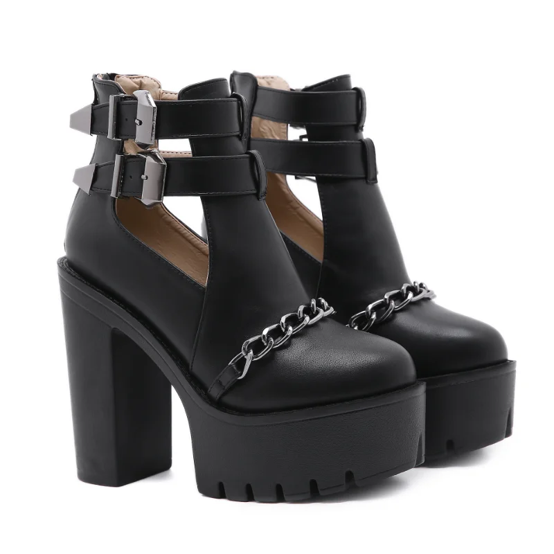 New Fashion Platform Ankle Boots High Heels Womens Chunky Heels Boots Punk Gothic Sexy Model Shoes Belt Buckle Women Shoes