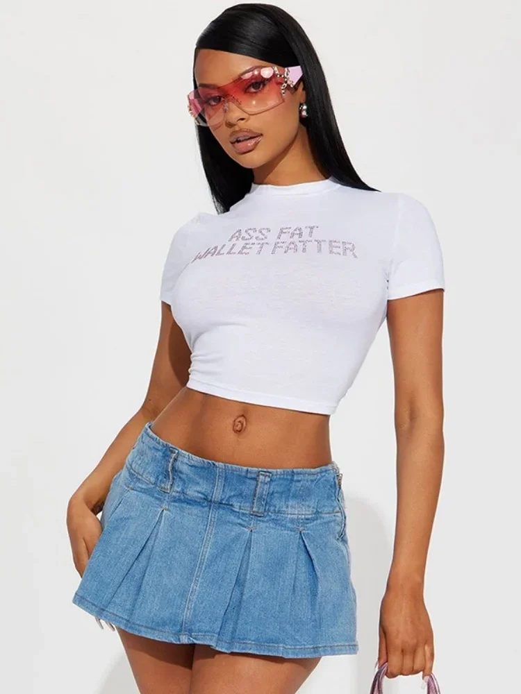 Sexy Short Sleeve Crop Top Casual Creativity Shirts For Women Fashion Sexy Letter Print Women Clothing Diamonds Streetwear Tops