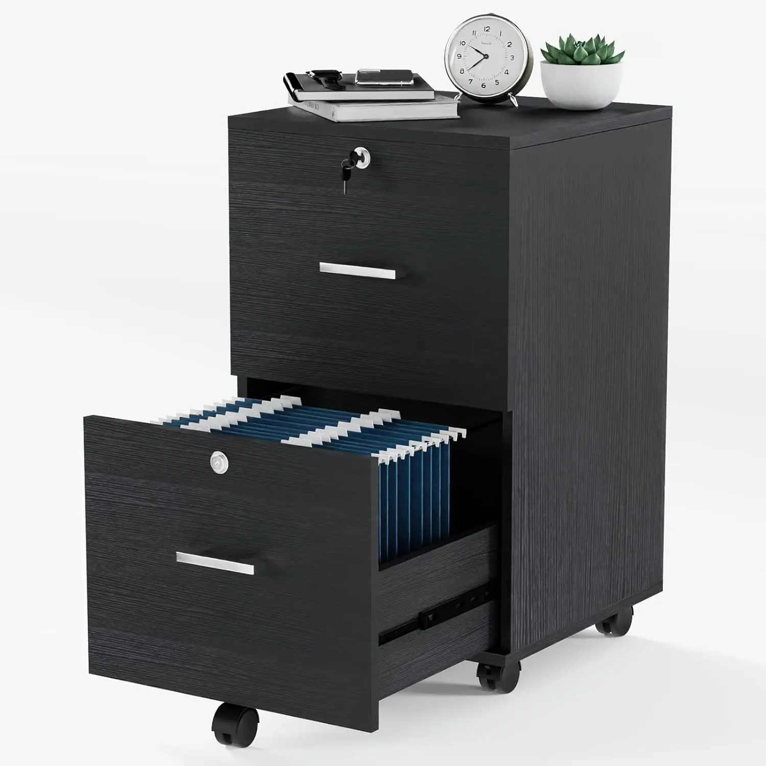 2-Drawer Small Rolling File Cabinet with Lock, Wood Filing Cabinet for Hanging Letter Size Filings with Tabs, Mobile Under Desk