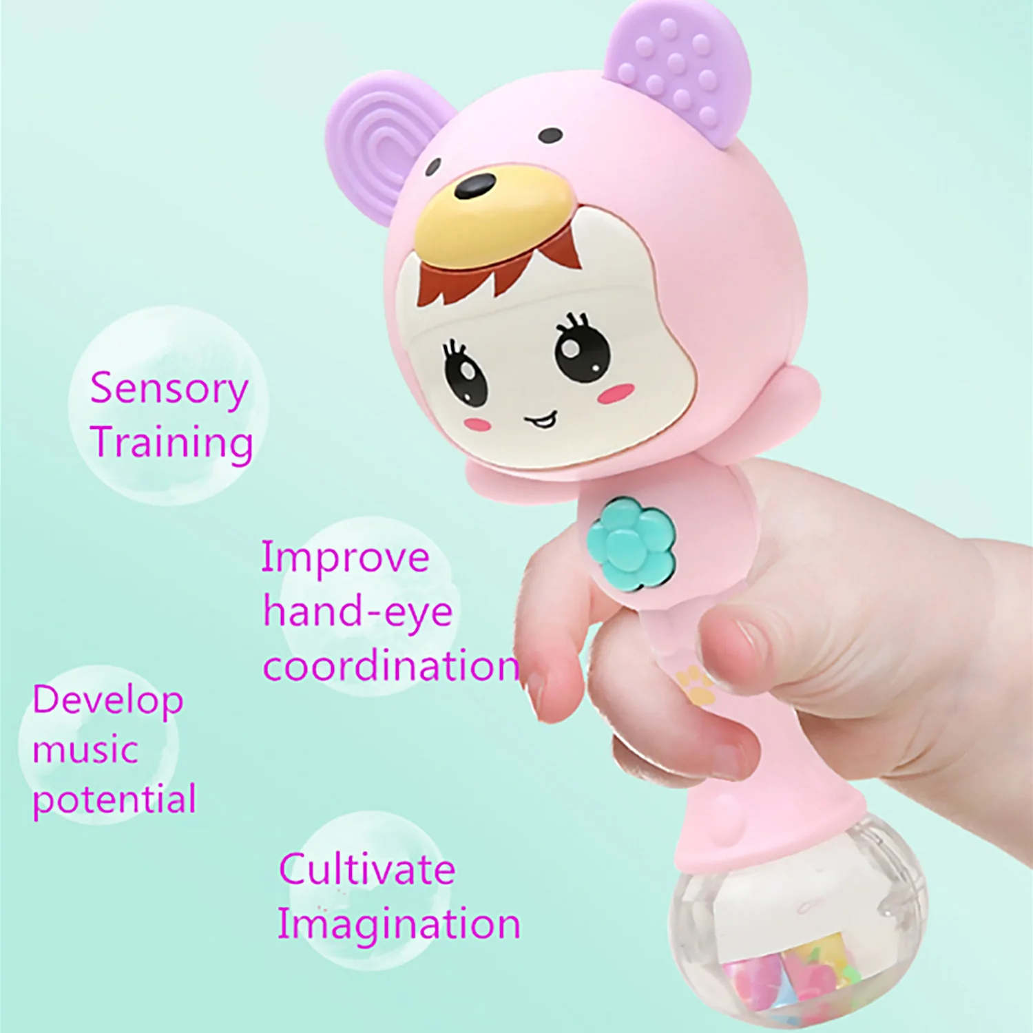 Cute Cartoon Rattle Shaker Toy Infant Handheld Molar Stick Teether Musical Toy with Colorful Light Effect for 0-1 Year Toddlers