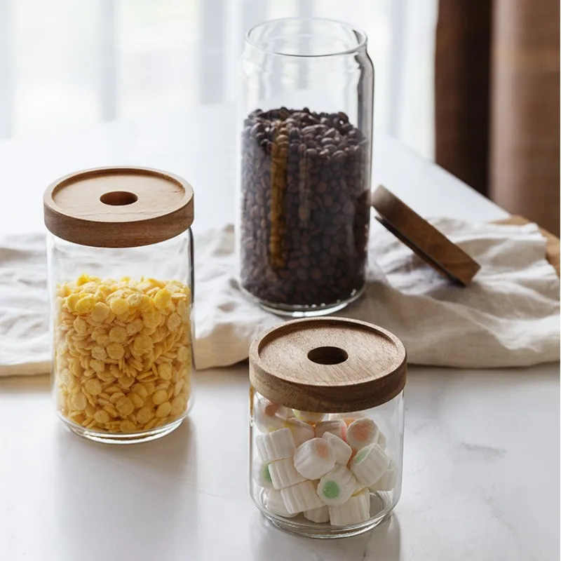 350/650/950/1250/1550ml Round Food Storage Glass Jar sealed with Wooden  Lid Coffee Beans Tea Grains noodles Snacks glass bottle