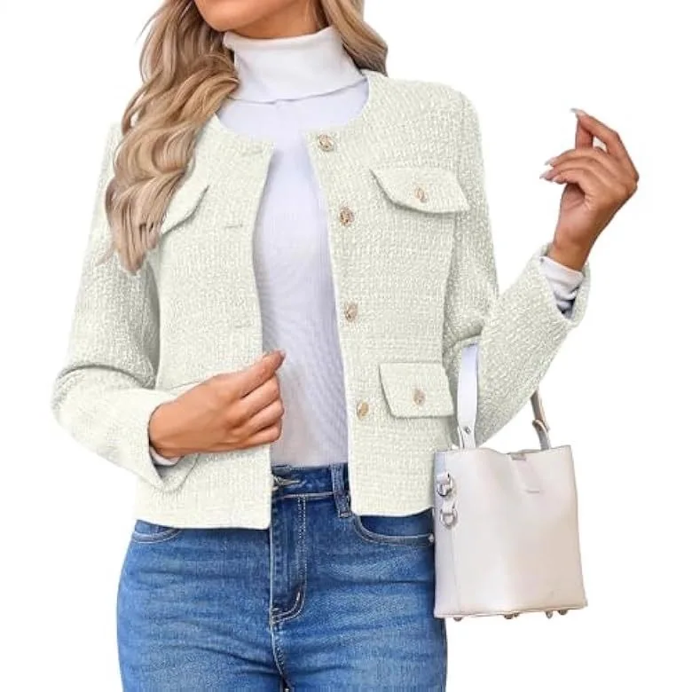 Tweed Jacket Women Cropped Round Neck Solid Color Tweed Jackets Coat Spring Summer