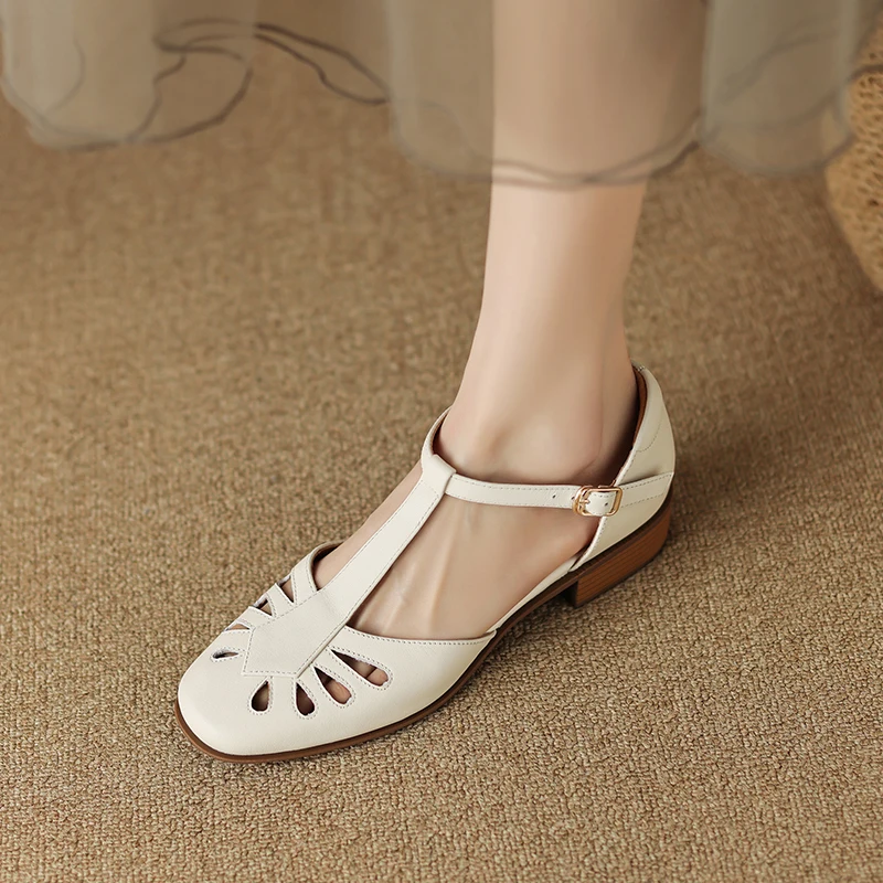 

Summer Gladiator Sandals Elegant Closed Toe Shoes Female Retro French Style Simple Shoes Cowhide Spring Vintage Daily Shoes