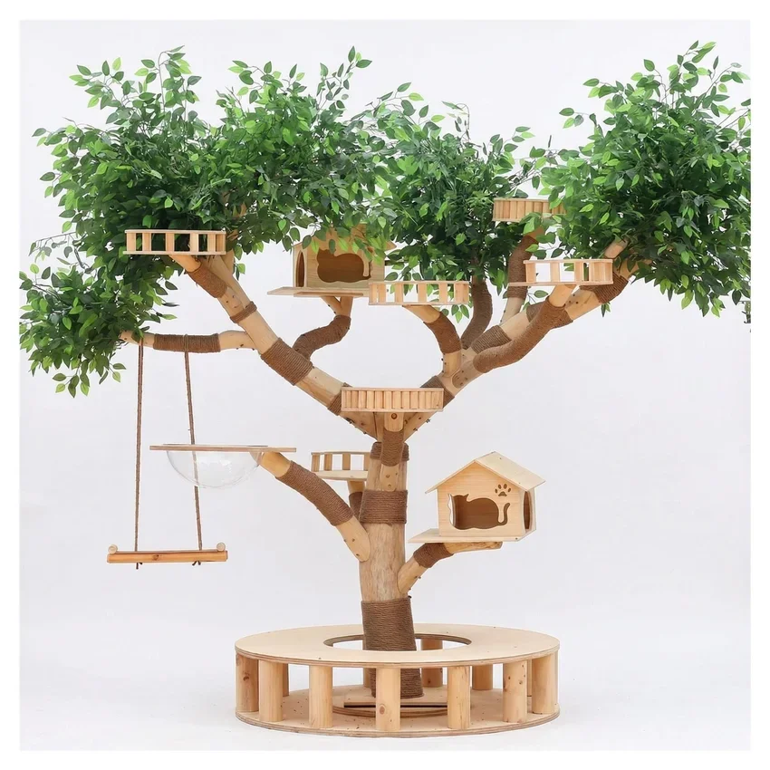 aSolid Wood Cat Tree Large 2.5m Artificial Foliage Tree House Multi Layer Cat Climbing Frame Condo Swing Privacy Indoor