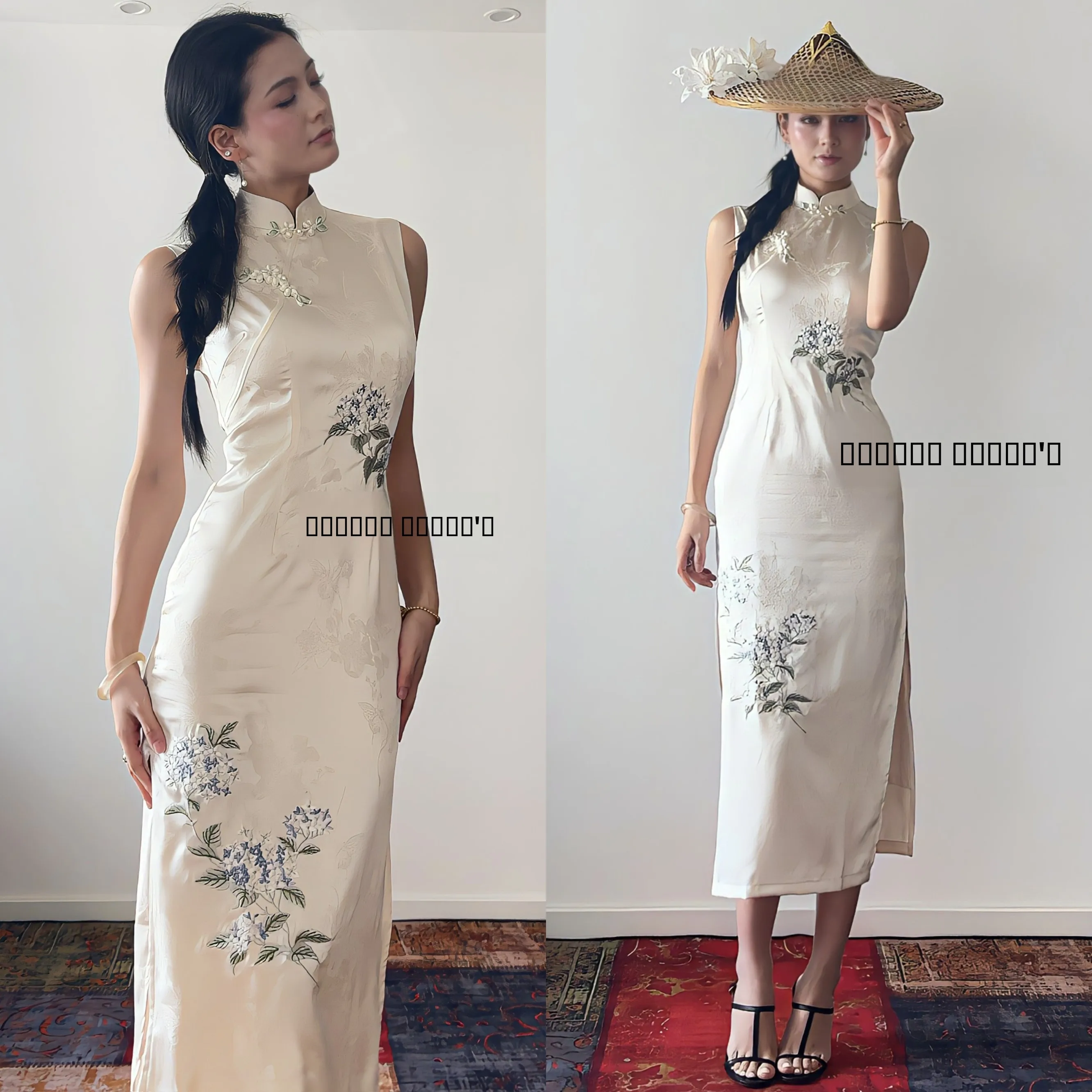 

Шелковое атласное платье-ципао Qingdu u Junyu: дышащее, длинное, с цветочной вышивкой и разрезом, для повседневной носки