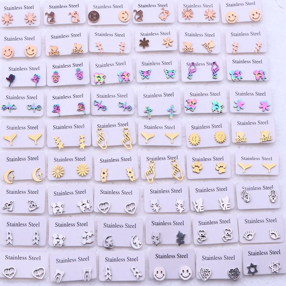 10Pairs/Lot Fashion Lovely Stainless Steel Mini Stud Women Earrings Trendy Sweet Heart Mixed Style Jewelry Wedding Party Gift