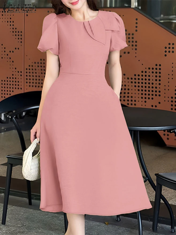 2025 été bureau travail robe ZANZEA femmes élégantes une ligne robes à manches courtes bouffantes solide fête robes élégant Midi robe d'été
