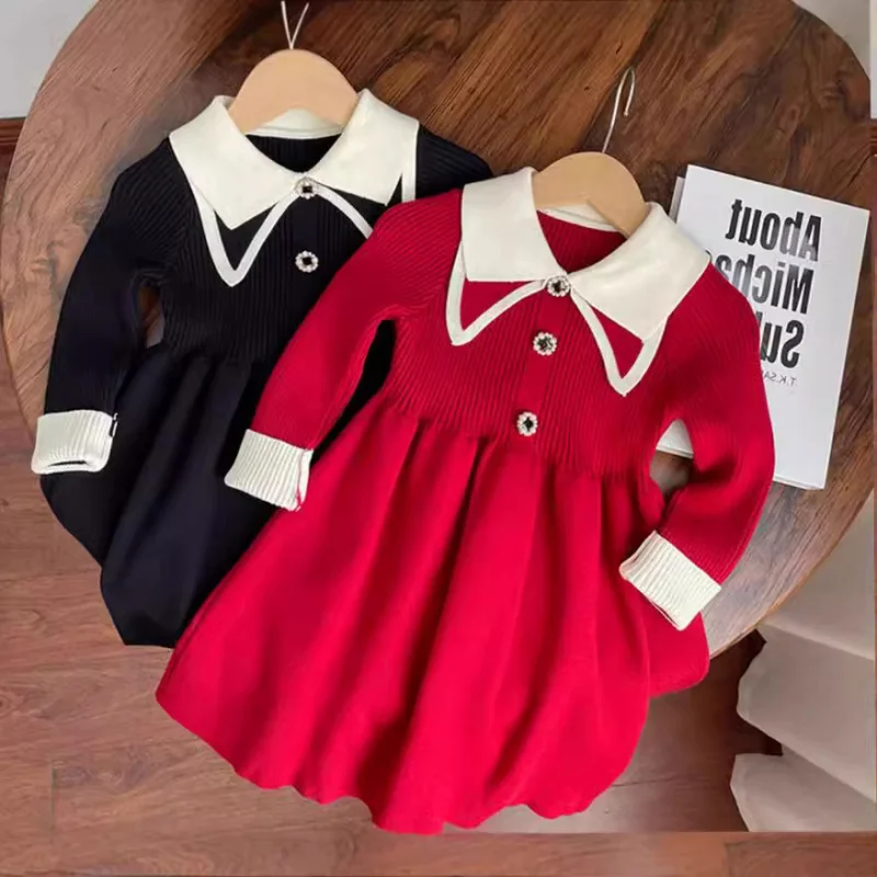 Girl's Sweater Skirt Spring and Autumn2024New Western Style Baby Girl Knitted Dress Children Red Princess Dress