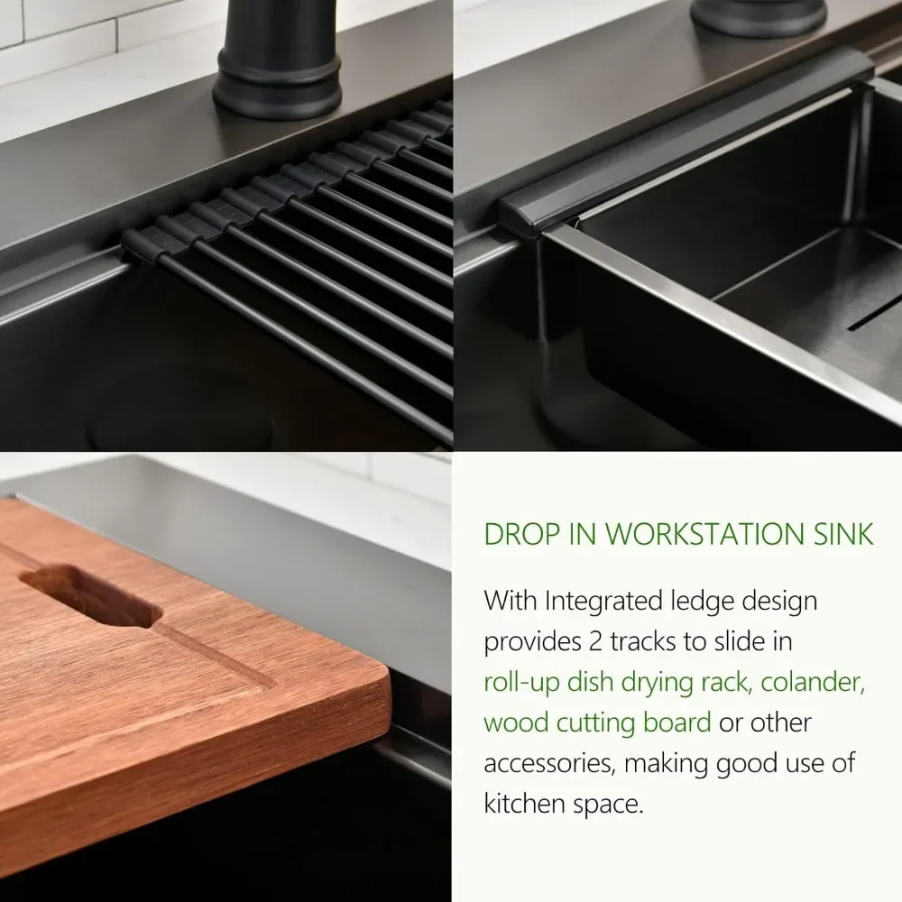 Imagem -04 - Black Single Bowl Worksation Kitchen Sink Gota em Pias de Aço Inoxidável 33x2 Polegada 16 Calibre