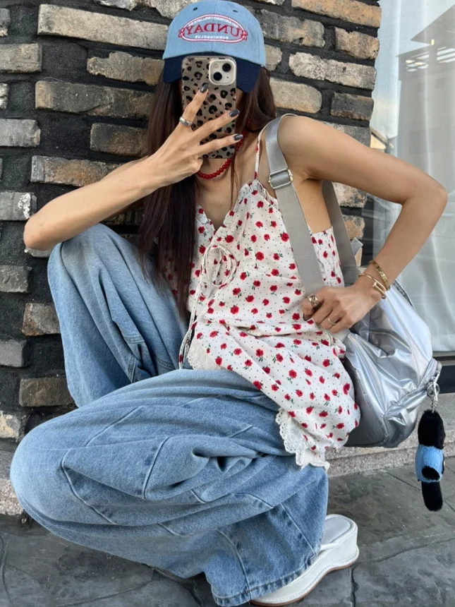 Zoete bloemenprint strapl kanten rand Dr dames zomer casual losse taille geen Sve V-Ne lange Dr-jurk