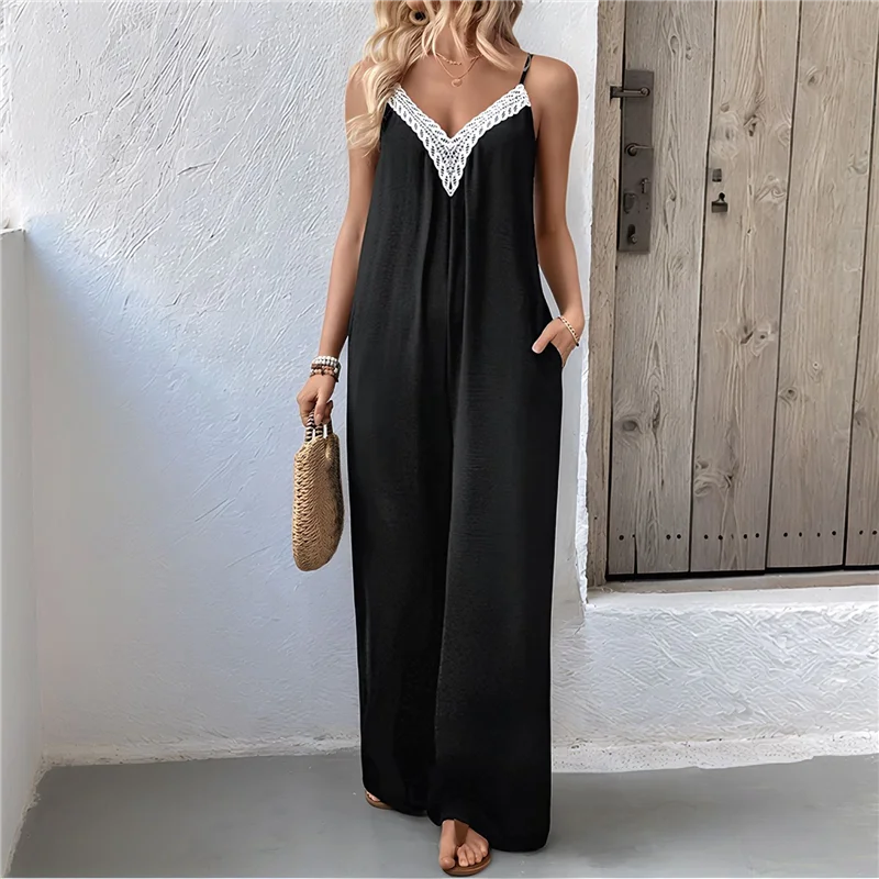 A83F-ผู้หญิงฤดูร้อนสบายๆสปาเก็ตตี้Bohoขากว้างJumpsuits Rompers Dressy 2025