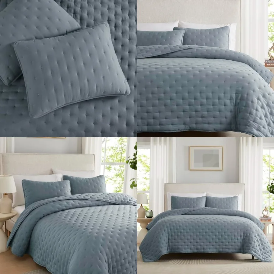 

Dusty Blue Cloud Cal Size Quilt Bedding Sets with Pillow Shams, Oversized Puffy Cozy Lightweight Bedspread Coverlet, Soft Cute