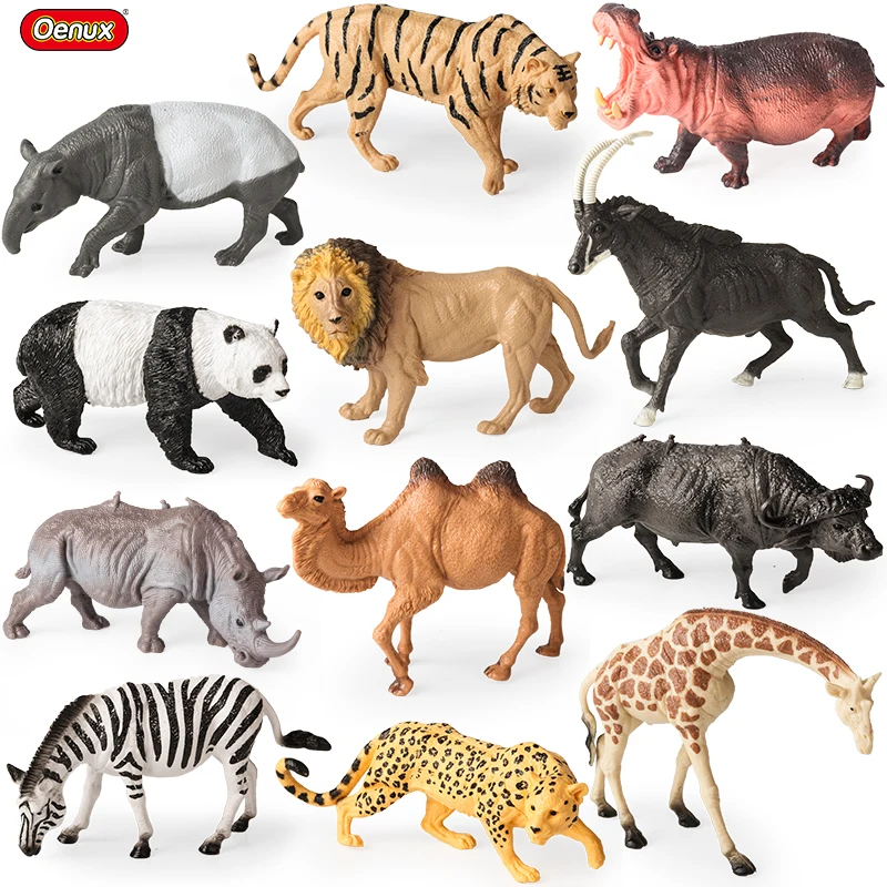 Oenux 4pcs Wild Animals Action Figure African Lion Tapirus indicus Camel Antelope Zebra Model Figurines Education Toy Kids Gift