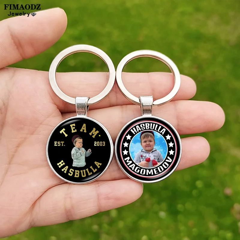 Hasbulla Keychain Hasbulla Magomedov Figure Cute Figure Glass Cabochon Pendant Metal Key Chain Fans Car Keyring Souvenir