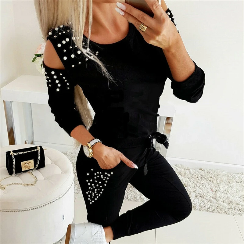 Tracksuit Women Two Piece Set Beading Decor Cold Shoulder Long Sleeve Top + Pants Jogger Suit Female Casual Lounge Wear Outfits