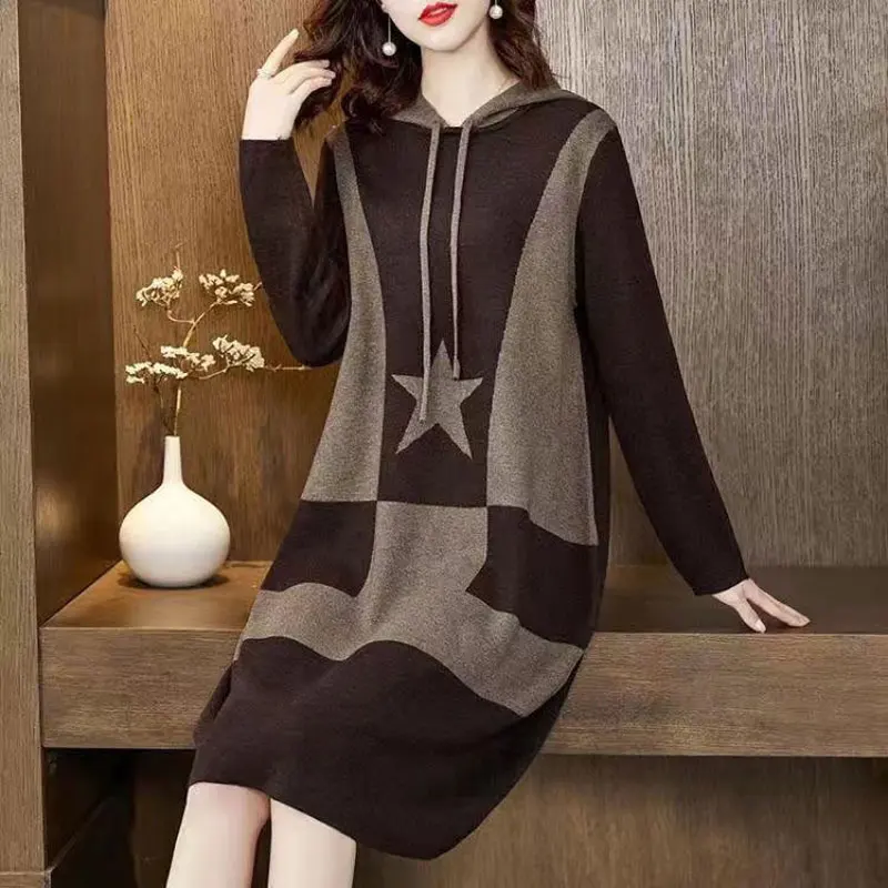 Fashion Star Patchwork Knitted Dresses Korean Long Sleeve Autumn Winter New Female Clothing Casual Hooded Drawstring Midi Dress