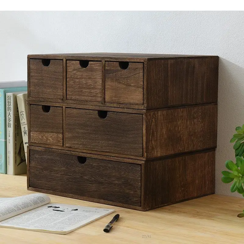 

3-layer Wood Storage Box Desktop Drawer Organizer Cosmetics Office Bin Free Combination Containers