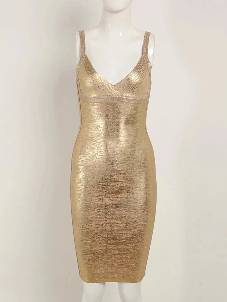slim fit dress slacks Skyscape Metallic Zigzag Bandage Dress Gold / M