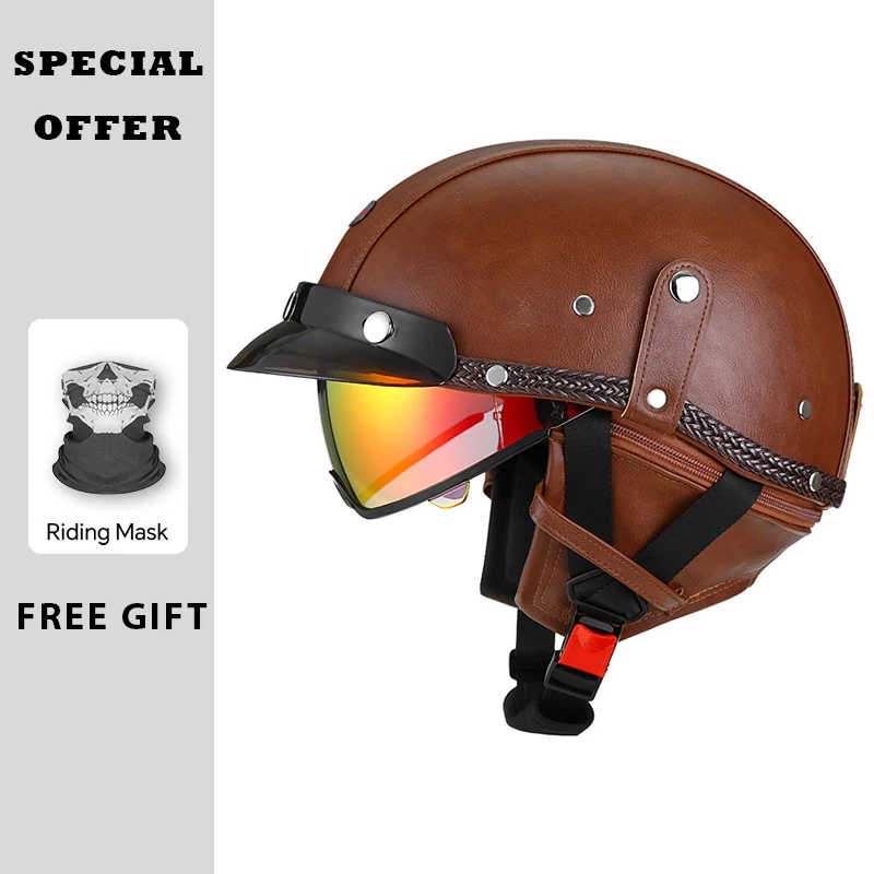 

High Quality Brown Leather Half Face Helmet for Motorcycle Electric Scooter DOT ECE Approved Men Women Moto Half Helmet