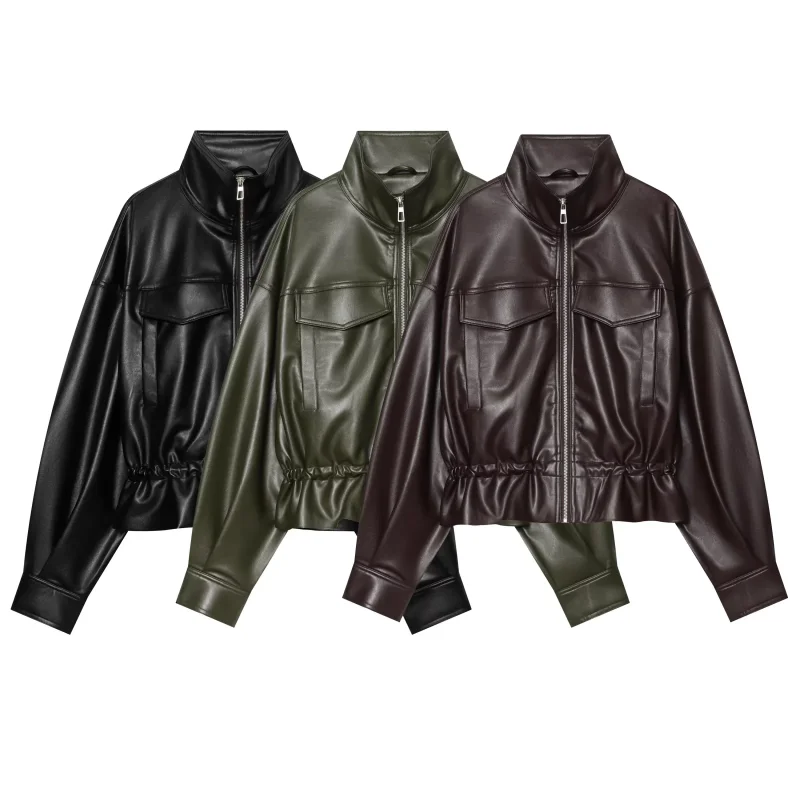 Women New Faux Leather Cropped Jacket Stand Collar Zip Up Drawstring Waist Loose Long Sleeve PU Leather Bomber Outerwear