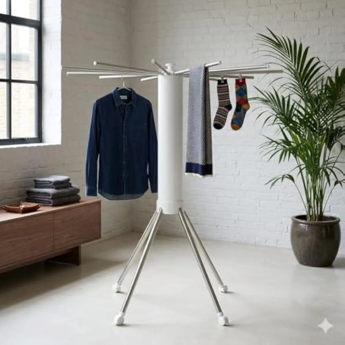 Octopus-Shaped Portable Drying Stand with 16 Rotating Aluminum Rods • Free-Standing 4-Leg Design • Indoor Outdoor Use • Foldable
