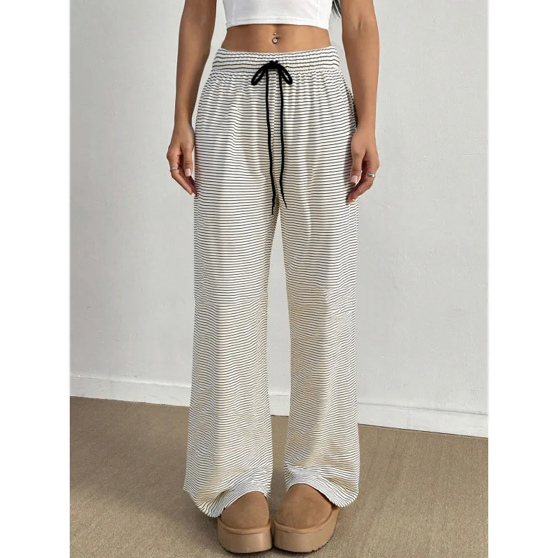 YQ1-Women's Striped Print Comfortable Japanese and Korean Style Home Casual Loose Wide-Leg Pants