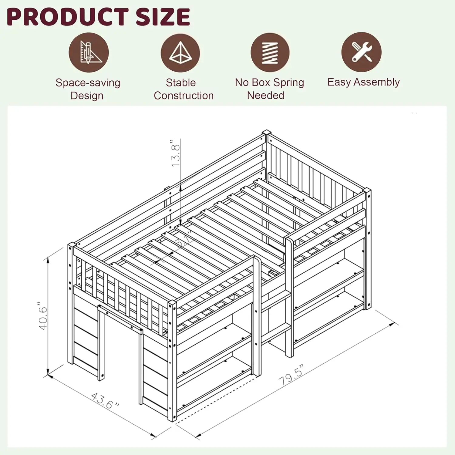 Twin Size Low Loft Bed With Storage Shelves, Wood Kids Twin Loft Bed With Led Light And Shelves, Low Loft Bed For Kids, Boys