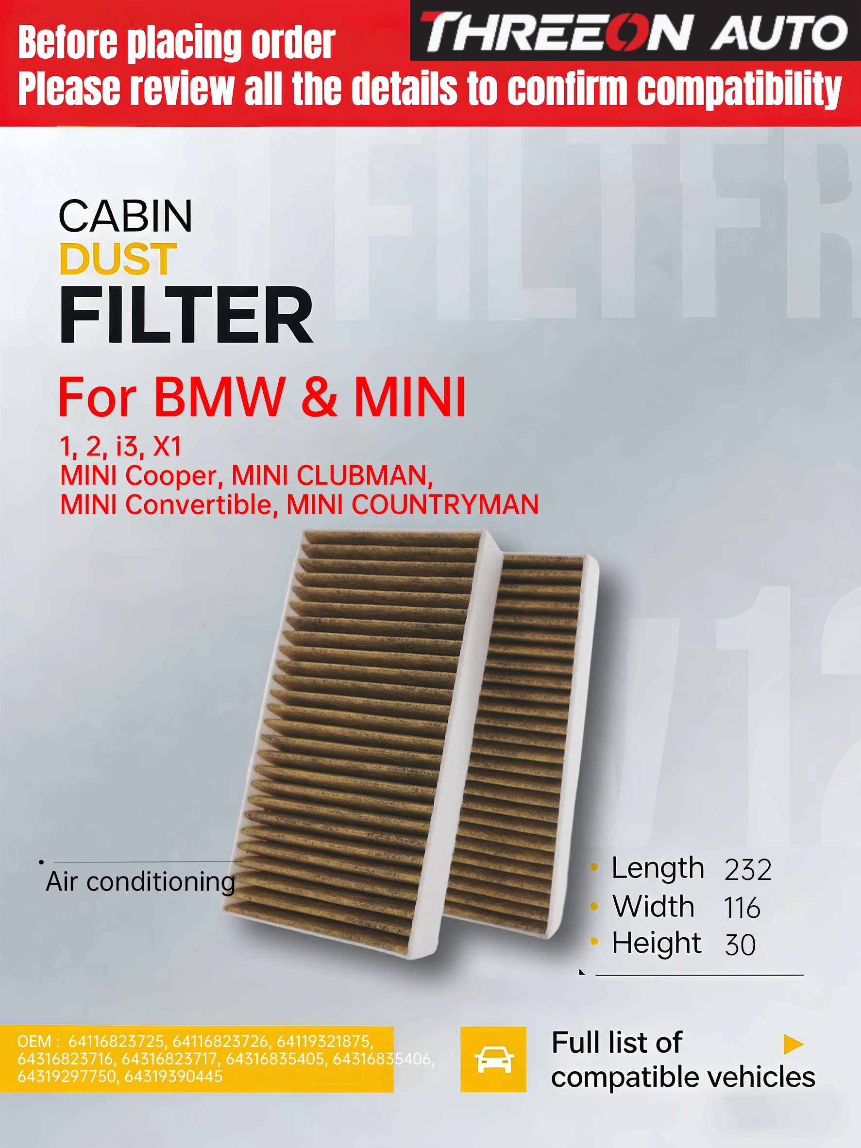WESTGUARD MK8030P-2pcs Cabin Filter For BMW Series 2 i3 X1 MINI III One Cooper SE Hybrid 64319297750 6431939044564 CUK23005-2