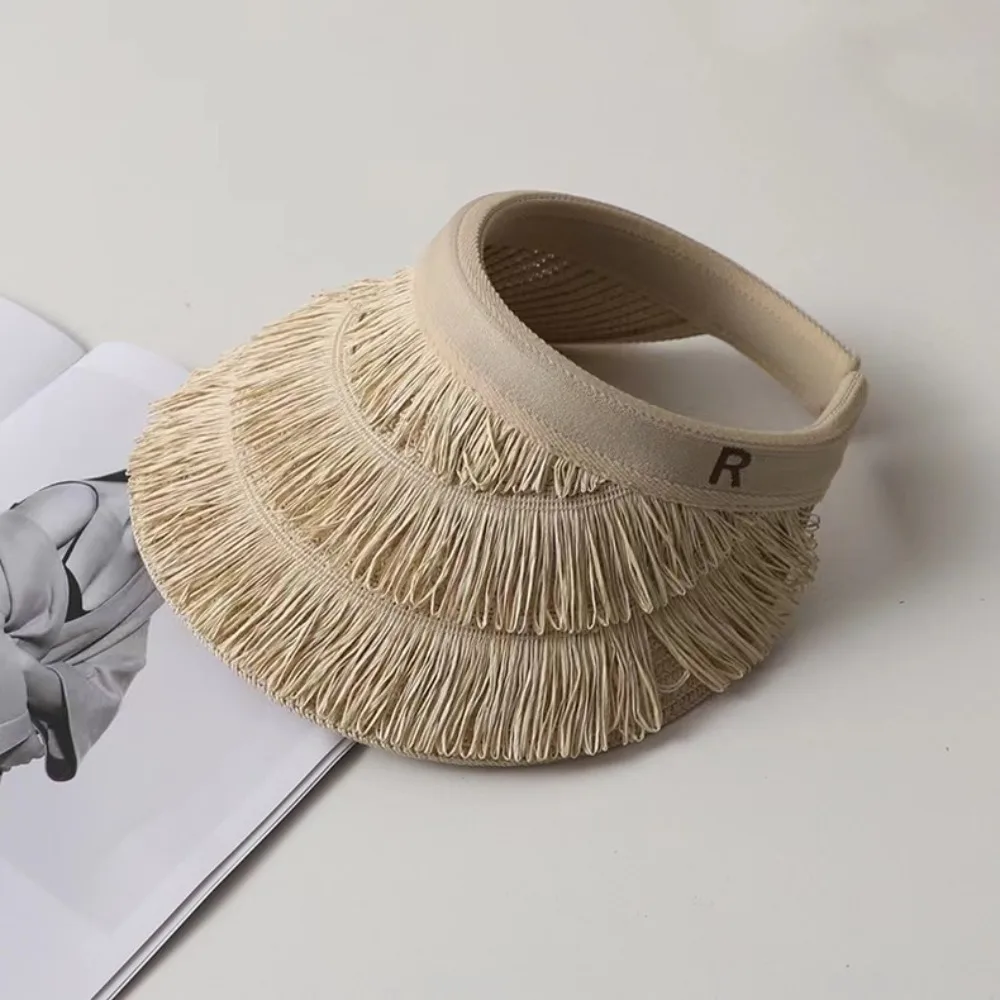 

Trendy Designer Tassel Straw Hats Summer UV Protection Empty Top Sun Hat Beach Empty Top Sunshade Cap Outdoor