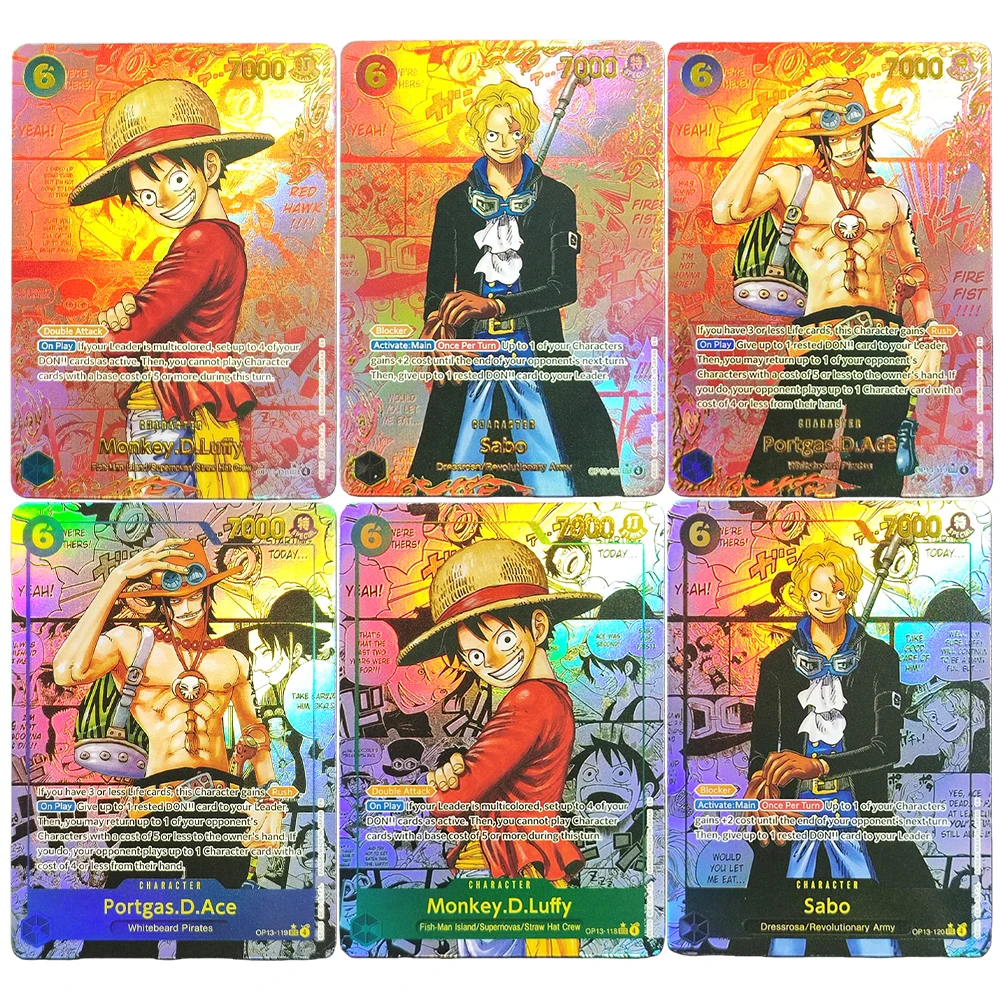 การ์ดสะสมแฟลชการ์ด วันพีซ OPCG ภาษาอังกฤษ/ญี่ปุ่น ลูฟี่ ซาโบ เอส รับมรดกของเขา OP-13 รุ่นเรดโกลด์ คอลเลคชั่น