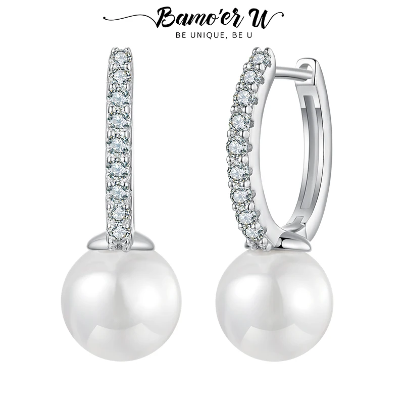 Bamoer U Moissanite Ear Buckles Pearl Hoop Earrings D Color VVS1 EX Lab Diamond Original for Women Elegant Party Gifts