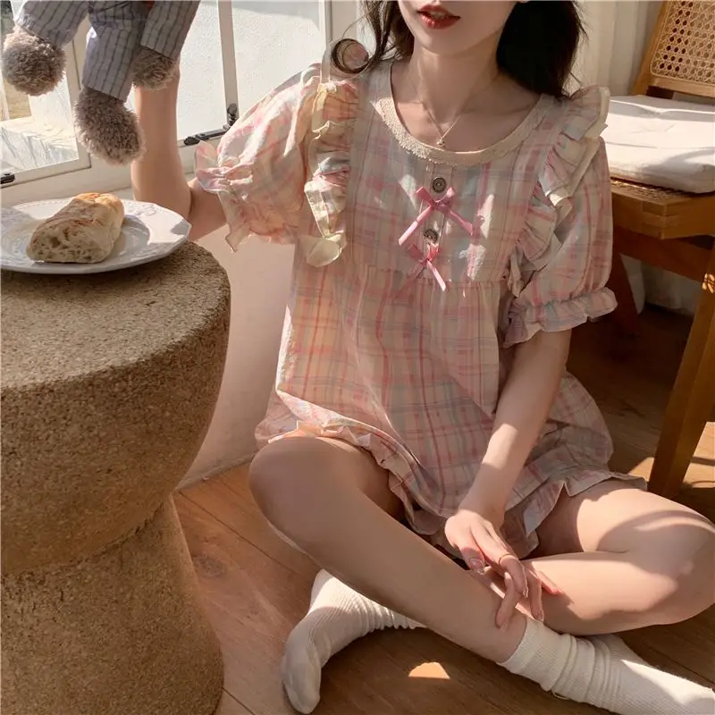 Summer new pajamas female sweet system cute girl style pink plaid bow ruffle homewear short-sleeved shorts two-piece suit