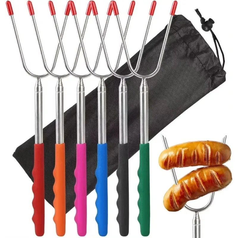 Hot 5/6/10pcs Dog Sausages Skewers Barbecue Tools Telescopic BBQ Forks Marshmallows Roasting Sticks Stainless Steel Extendable