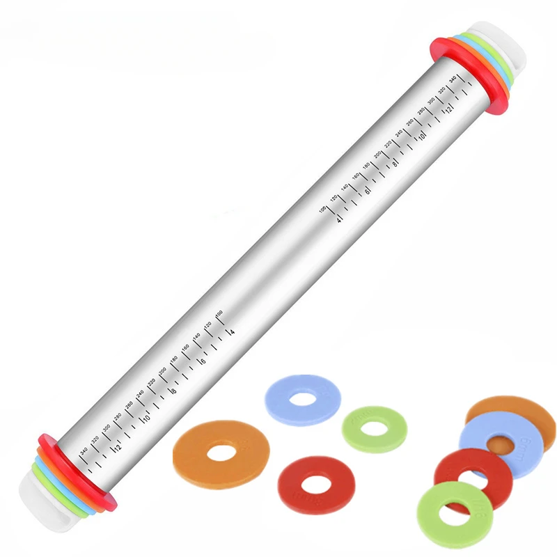 

Stainless Steel Rolling Pin with Thickness 4 Adjustable Rings and Non-Stick Rolling Pin Guides for Baking Cake 17Inch